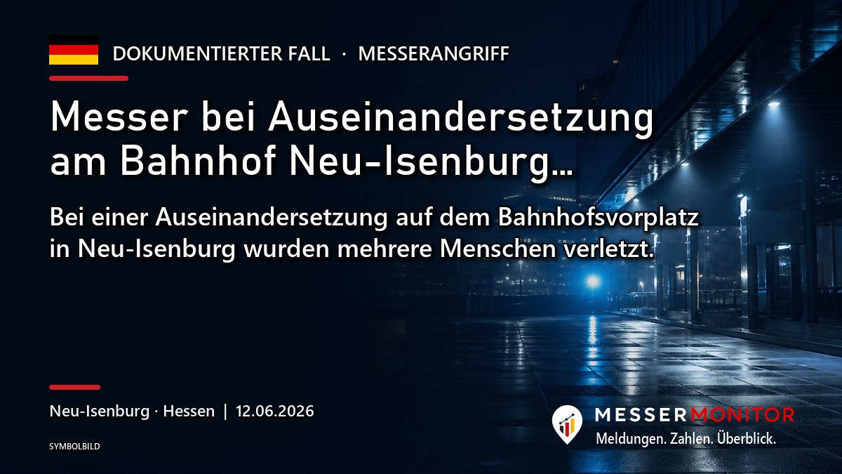 Titelgrafik: Messer bei Auseinandersetzung am Bahnhof Neu-Isenburg…. Bei einer Auseinandersetzung auf dem Bahnhofsvorplatz in Neu-Isenburg wurden mehrere Menschen verletzt..