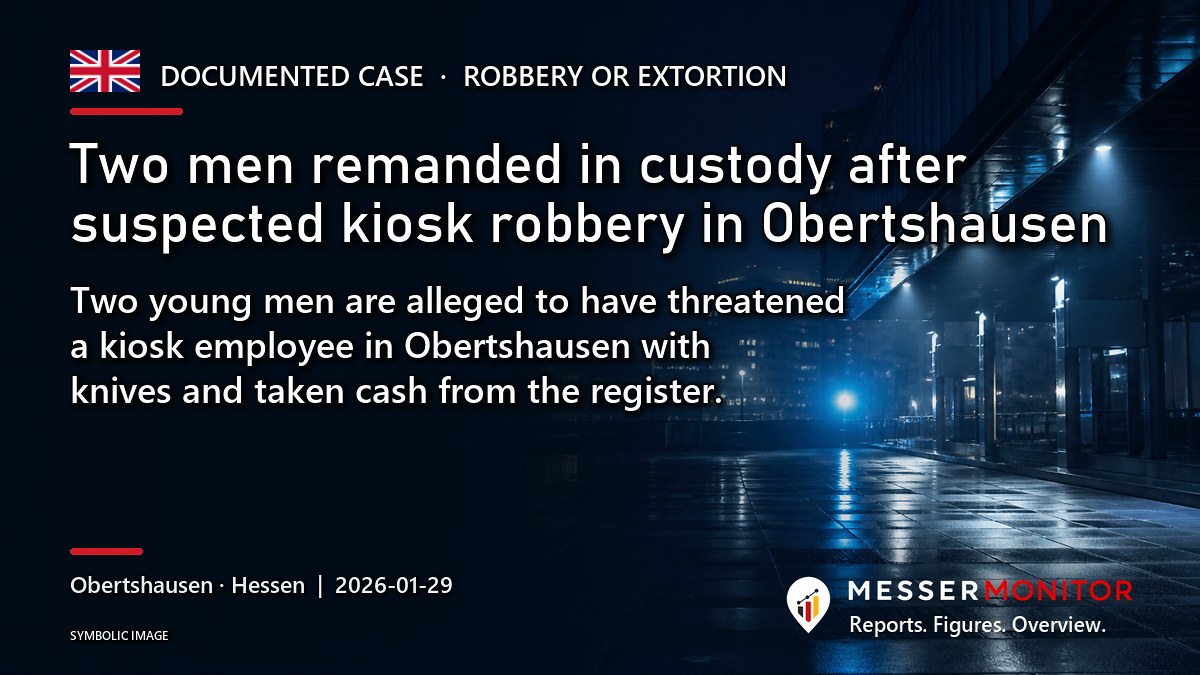 Title image: Two men remanded in custody after suspected kiosk robbery in Obertshausen. Two young men are alleged to have threatened a kiosk employee in Obertshausen with knives and taken cash from the register..