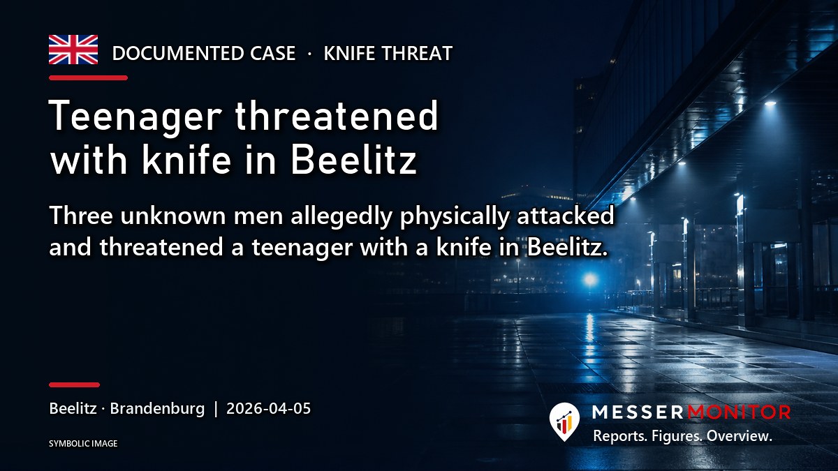 Title image: Teenager threatened with knife in Beelitz. Three unknown men allegedly physically attacked and threatened a teenager with a knife in Beelitz..