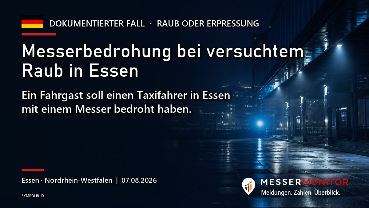Titelgrafik: Messerbedrohung bei versuchtem Raub in Essen. Ein Fahrgast soll einen Taxifahrer in Essen mit einem Messer bedroht haben..