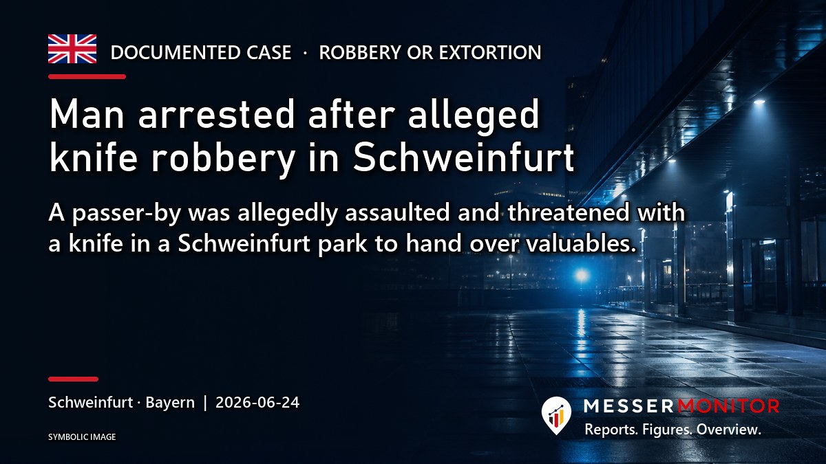 Title image: Man arrested after alleged knife robbery in Schweinfurt. A passer-by was allegedly assaulted and threatened with a knife in a Schweinfurt park to hand over valuables..