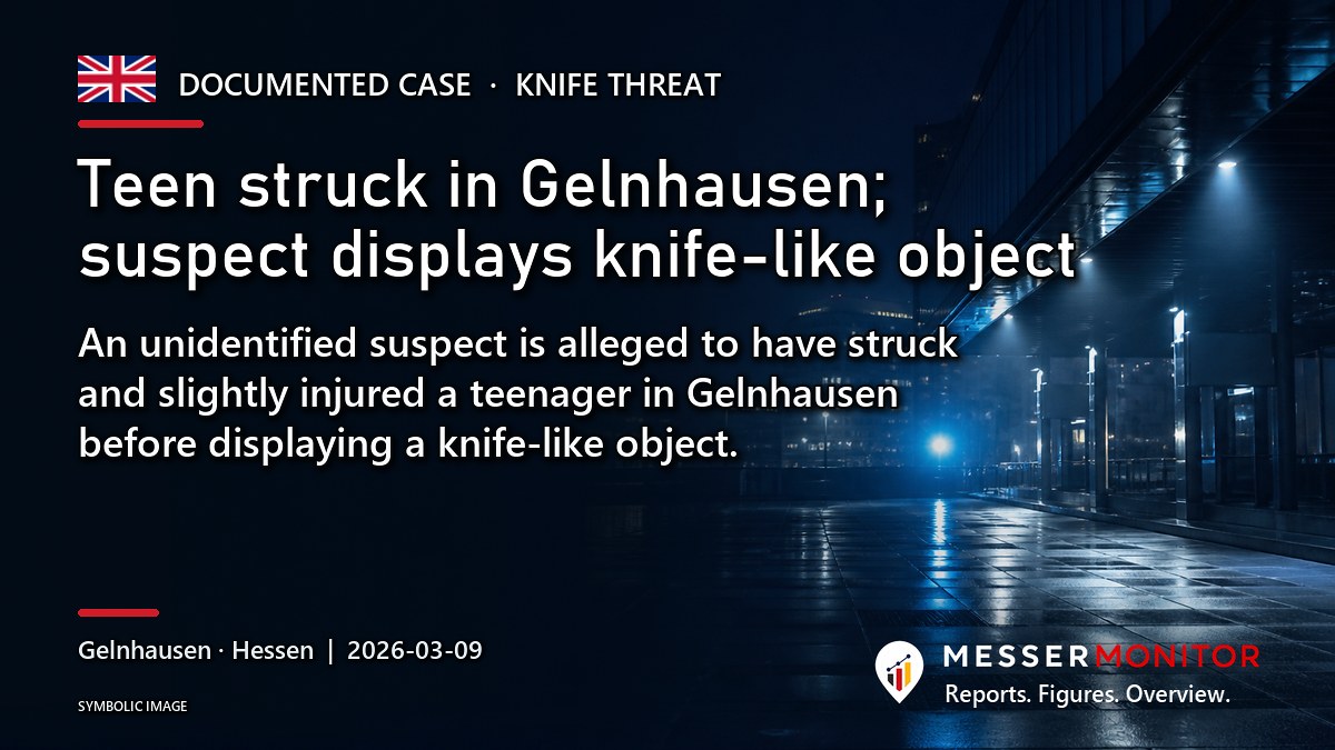 Title image: Teen struck in Gelnhausen; suspect displays knife-like object. An unidentified suspect is alleged to have struck and slightly injured a teenager in Gelnhausen before displaying a knife-like object..