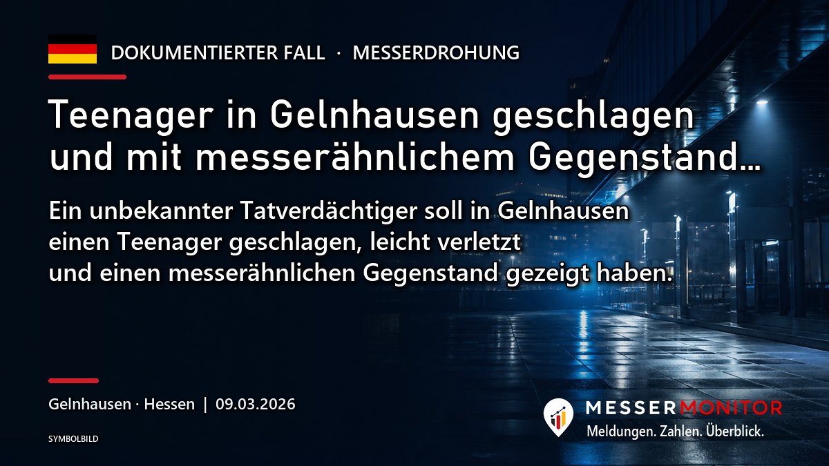 Titelgrafik: Teenager in Gelnhausen geschlagen und mit messerähnlichem Gegenstand…. Ein unbekannter Tatverdächtiger soll in Gelnhausen einen Teenager geschlagen, leicht verletzt und einen messerähnlichen Gegenstand gezeigt haben..