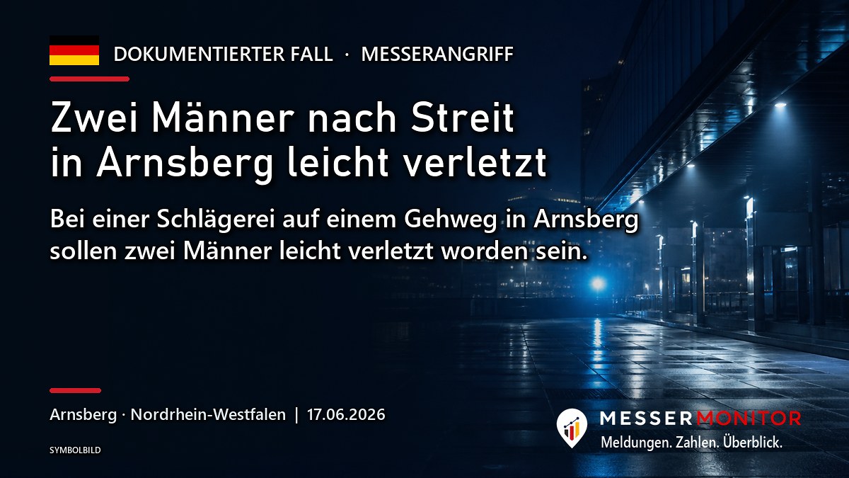 Titelgrafik: Zwei Männer nach Streit in Arnsberg leicht verletzt. Bei einer Schlägerei auf einem Gehweg in Arnsberg sollen zwei Männer leicht verletzt worden sein..