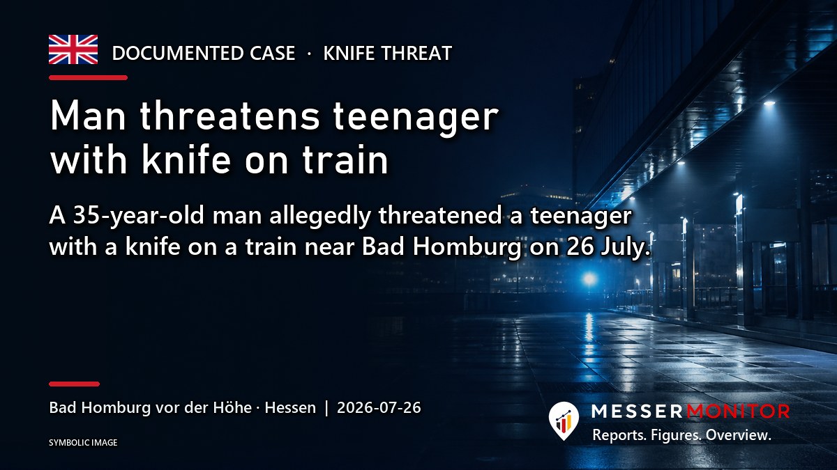 Title image: Man threatens teenager with knife on train. A 35-year-old man allegedly threatened a teenager with a knife on a train near Bad Homburg on 26 July..