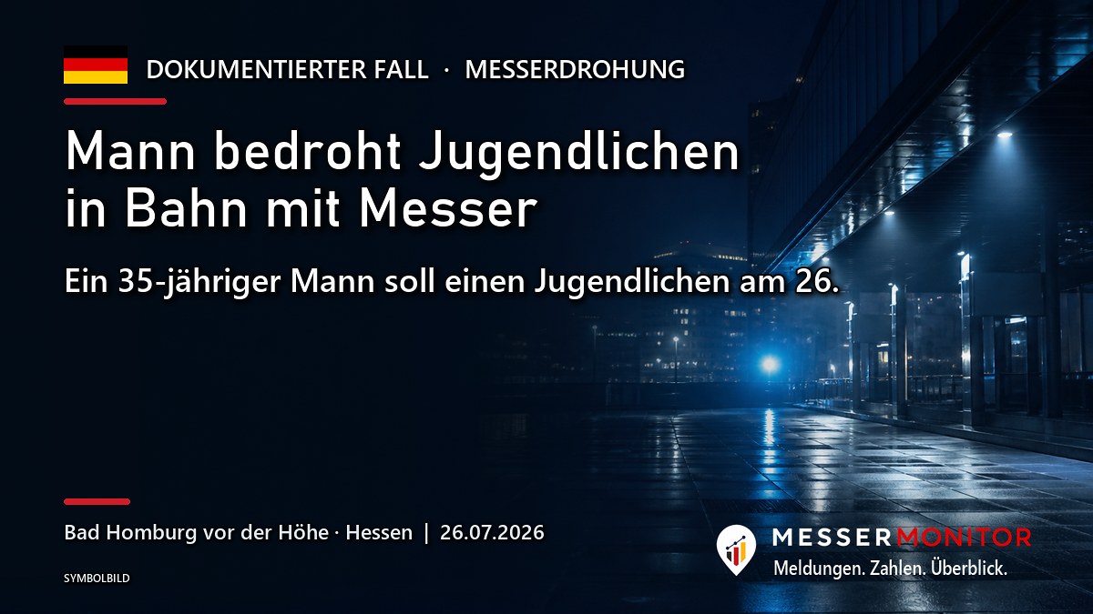 Titelgrafik: Mann bedroht Jugendlichen in Bahn mit Messer. Ein 35-jähriger Mann soll einen Jugendlichen am 26..