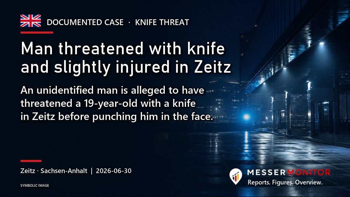 Title image: Man threatened with knife and slightly injured in Zeitz. An unidentified man is alleged to have threatened a 19-year-old with a knife in Zeitz before punching him in the face..