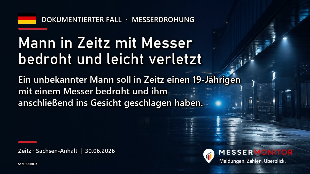 Titelgrafik: Mann in Zeitz mit Messer bedroht und leicht verletzt. Ein unbekannter Mann soll in Zeitz einen 19-Jährigen mit einem Messer bedroht und ihm anschließend ins Gesicht geschlagen haben..