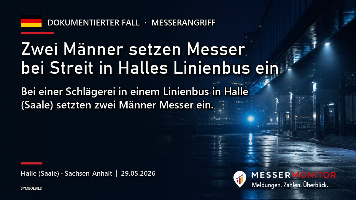 Titelgrafik: Zwei Männer setzen Messer bei Streit in Halles Linienbus ein. Bei einer Schlägerei in einem Linienbus in Halle (Saale) setzten zwei Männer Messer ein..
