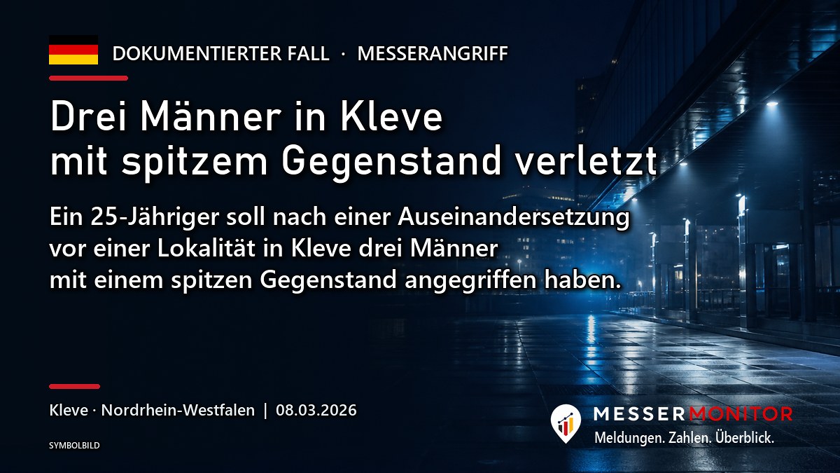 Titelgrafik: Drei Männer in Kleve mit spitzem Gegenstand verletzt. Ein 25-Jähriger soll nach einer Auseinandersetzung vor einer Lokalität in Kleve drei Männer mit einem spitzen Gegenstand angegriffen haben..