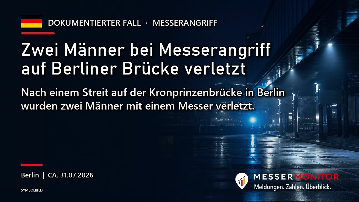 Titelgrafik: Zwei Männer bei Messerangriff auf Berliner Brücke verletzt. Nach einem Streit auf der Kronprinzenbrücke in Berlin wurden zwei Männer mit einem Messer verletzt..