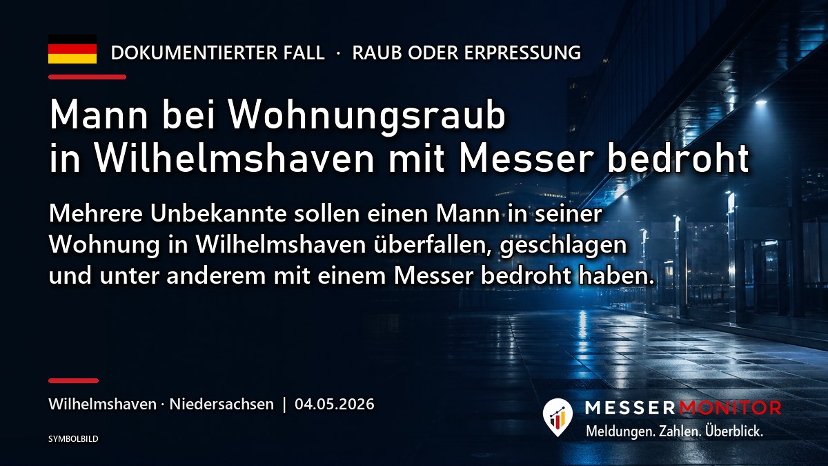 Titelgrafik: Mann bei Wohnungsraub in Wilhelmshaven mit Messer bedroht. Mehrere Unbekannte sollen einen Mann in seiner Wohnung in Wilhelmshaven überfallen, geschlagen und unter anderem mit einem Messer bedroht haben..
