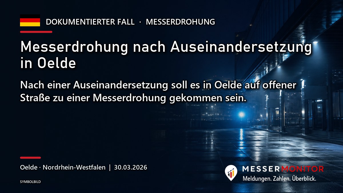 Titelgrafik: Messerdrohung nach Auseinandersetzung in Oelde. Nach einer Auseinandersetzung soll es in Oelde auf offener Straße zu einer Messerdrohung gekommen sein..
