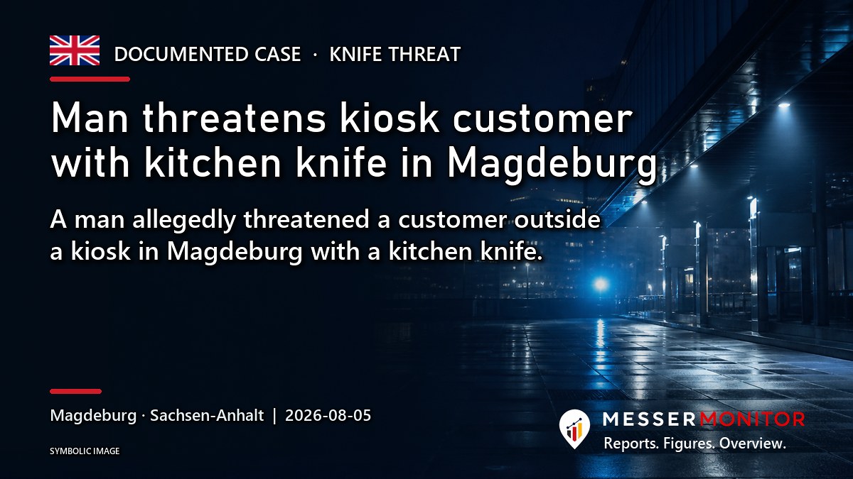 Title image: Man threatens kiosk customer with kitchen knife in Magdeburg. A man allegedly threatened a customer outside a kiosk in Magdeburg with a kitchen knife..
