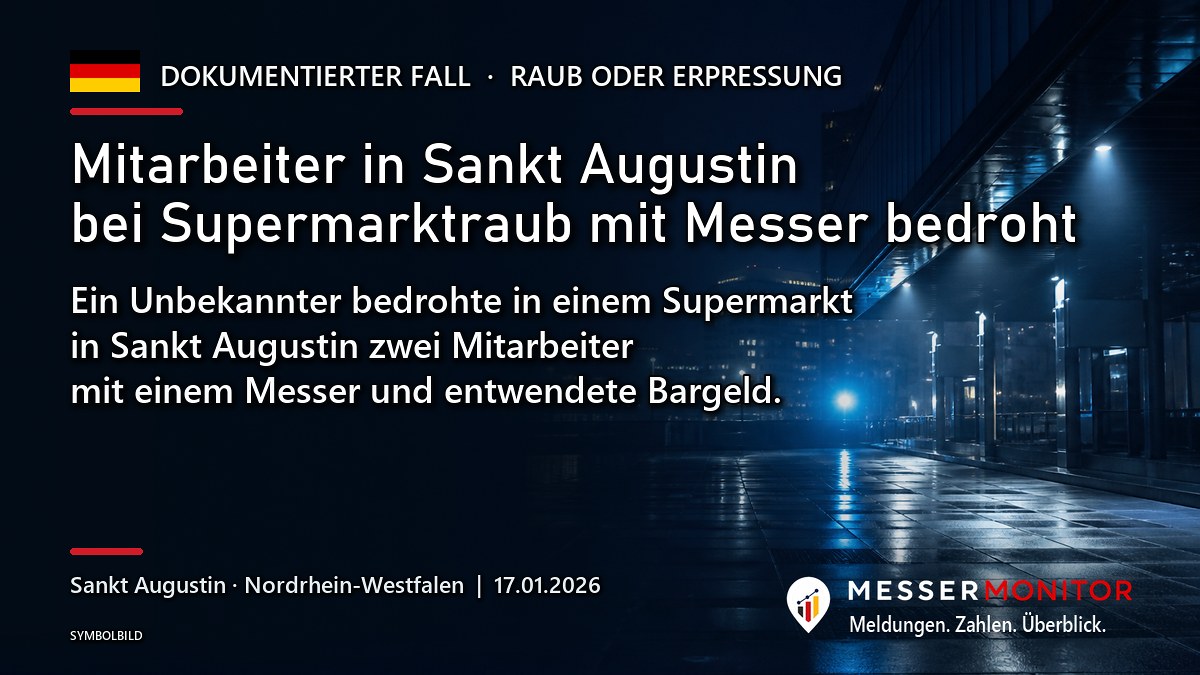Titelgrafik: Mitarbeiter in Sankt Augustin bei Supermarktraub mit Messer bedroht. Ein Unbekannter bedrohte in einem Supermarkt in Sankt Augustin zwei Mitarbeiter mit einem Messer und entwendete Bargeld..