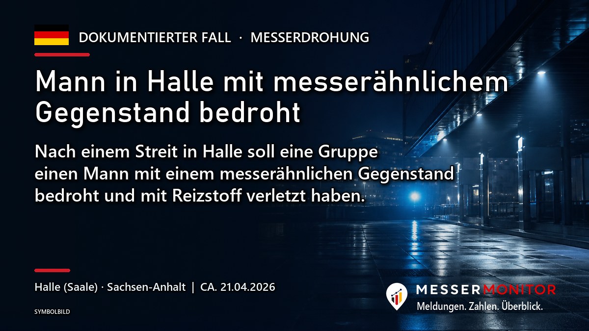 Titelgrafik: Mann in Halle mit messerähnlichem Gegenstand bedroht. Nach einem Streit in Halle soll eine Gruppe einen Mann mit einem messerähnlichen Gegenstand bedroht und mit Reizstoff verletzt haben..