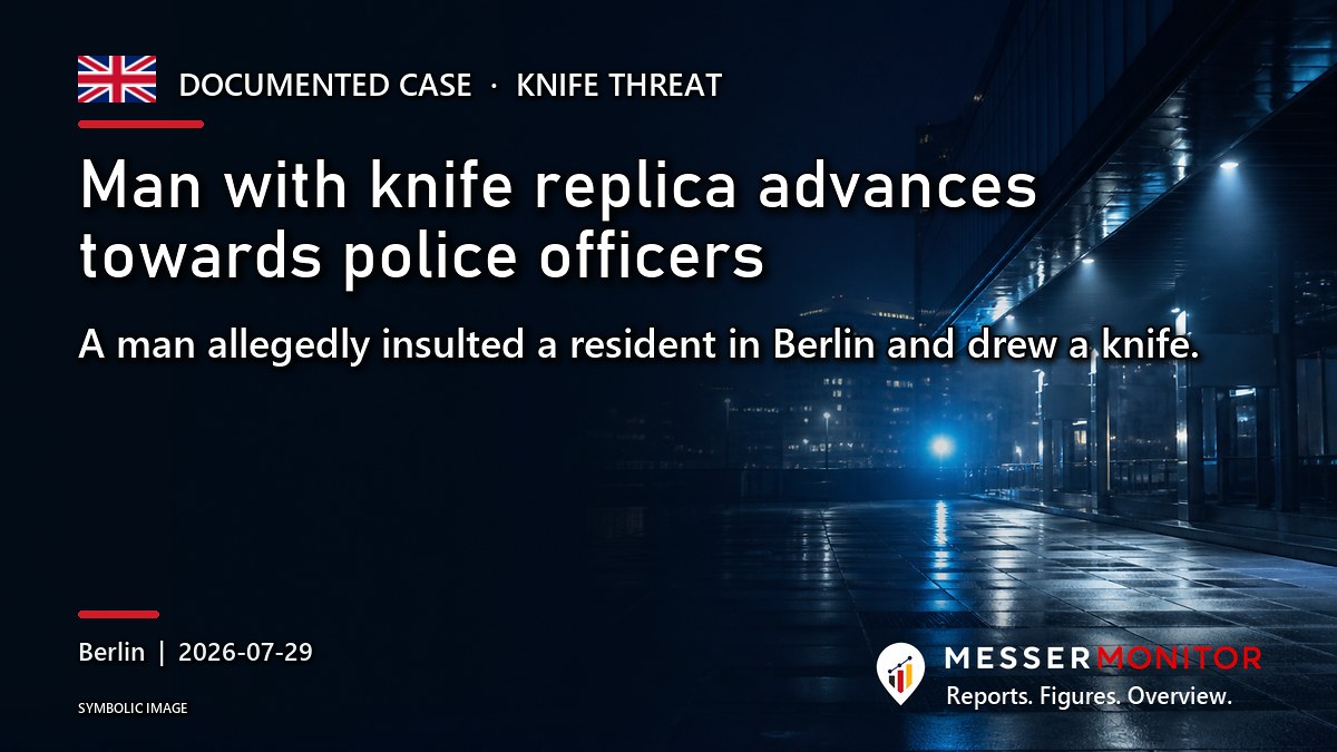 Title image: Man with knife replica advances towards police officers. A man allegedly insulted a resident in Berlin and drew a knife..