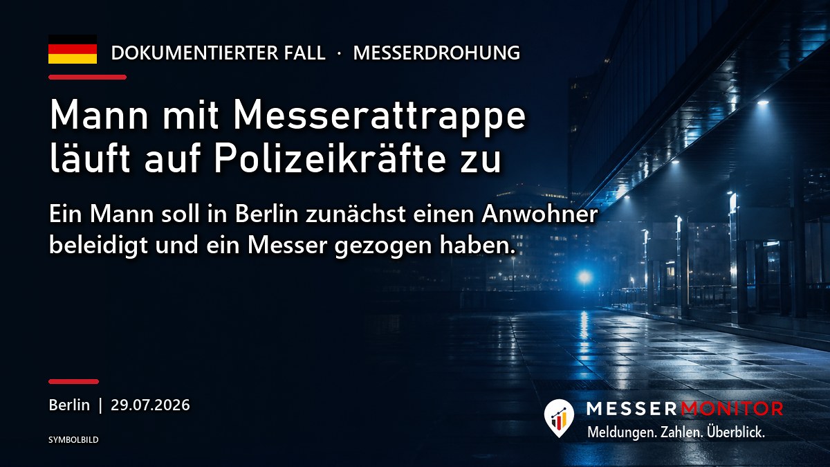 Titelgrafik: Mann mit Messerattrappe läuft auf Polizeikräfte zu. Ein Mann soll in Berlin zunächst einen Anwohner beleidigt und ein Messer gezogen haben..