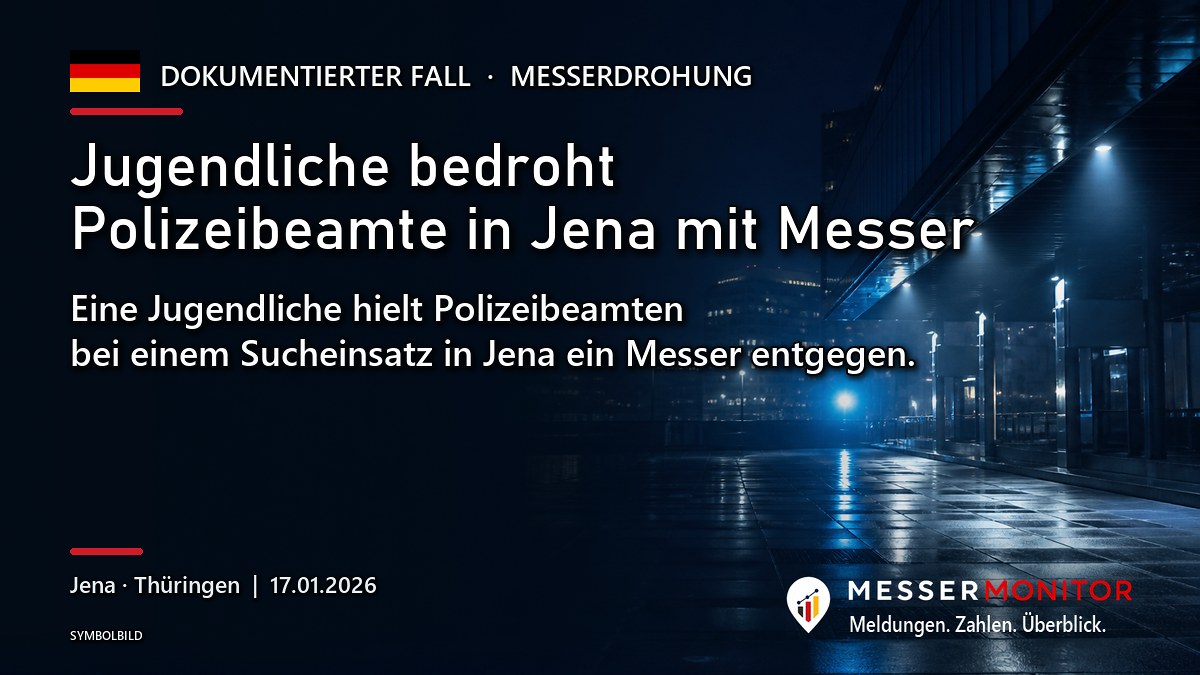 Titelgrafik: Jugendliche bedroht Polizeibeamte in Jena mit Messer. Eine Jugendliche hielt Polizeibeamten bei einem Sucheinsatz in Jena ein Messer entgegen..