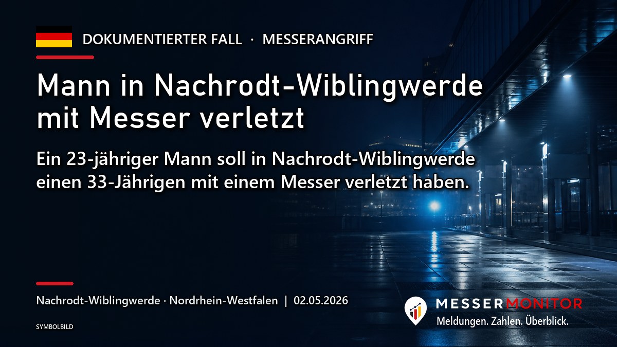 Titelgrafik: Mann in Nachrodt-Wiblingwerde mit Messer verletzt. Ein 23-jähriger Mann soll in Nachrodt-Wiblingwerde einen 33-Jährigen mit einem Messer verletzt haben..