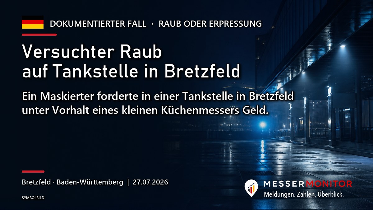 Titelgrafik: Versuchter Raub auf Tankstelle in Bretzfeld. Ein Maskierter forderte in einer Tankstelle in Bretzfeld unter Vorhalt eines kleinen Küchenmessers Geld..