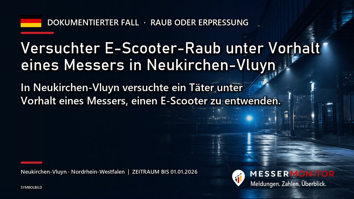 Titelgrafik: Versuchter E-Scooter-Raub unter Vorhalt eines Messers in Neukirchen-Vluyn. In Neukirchen-Vluyn versuchte ein Täter unter Vorhalt eines Messers, einen E-Scooter zu entwenden..
