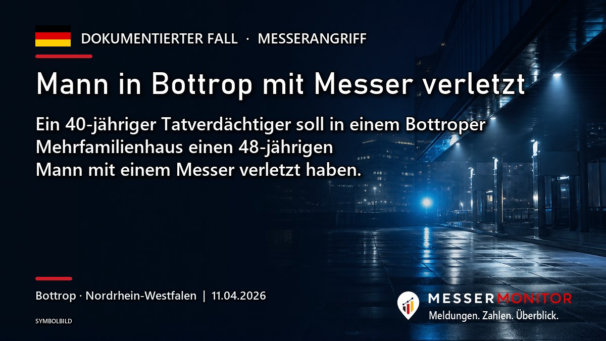 Titelgrafik: Mann in Bottrop mit Messer verletzt. Ein 40-jähriger Tatverdächtiger soll in einem Bottroper Mehrfamilienhaus einen 48-jährigen Mann mit einem Messer verletzt haben..
