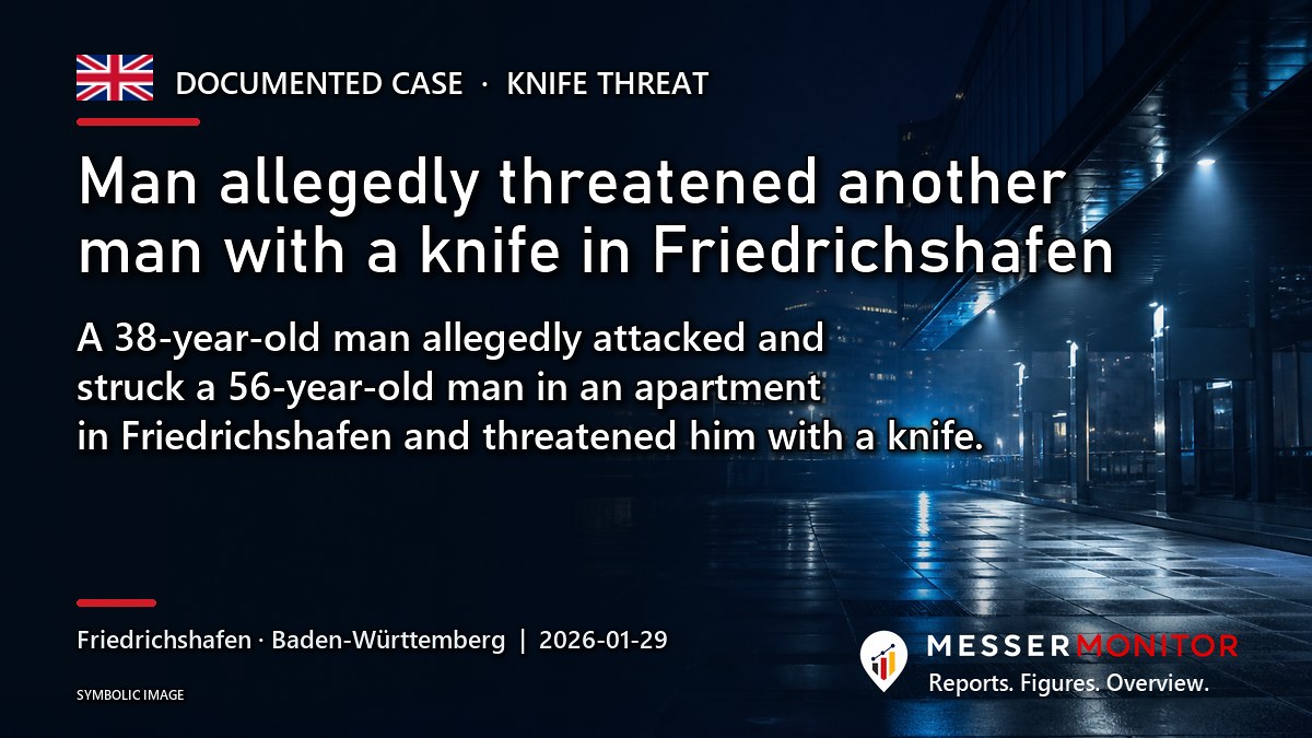 Title image: Man allegedly threatened another man with a knife in Friedrichshafen. A 38-year-old man allegedly attacked and struck a 56-year-old man in an apartment in Friedrichshafen and threatened him with a knife..