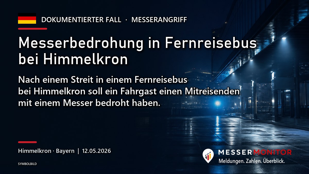 Titelgrafik: Messerbedrohung in Fernreisebus bei Himmelkron. Nach einem Streit in einem Fernreisebus bei Himmelkron soll ein Fahrgast einen Mitreisenden mit einem Messer bedroht haben..