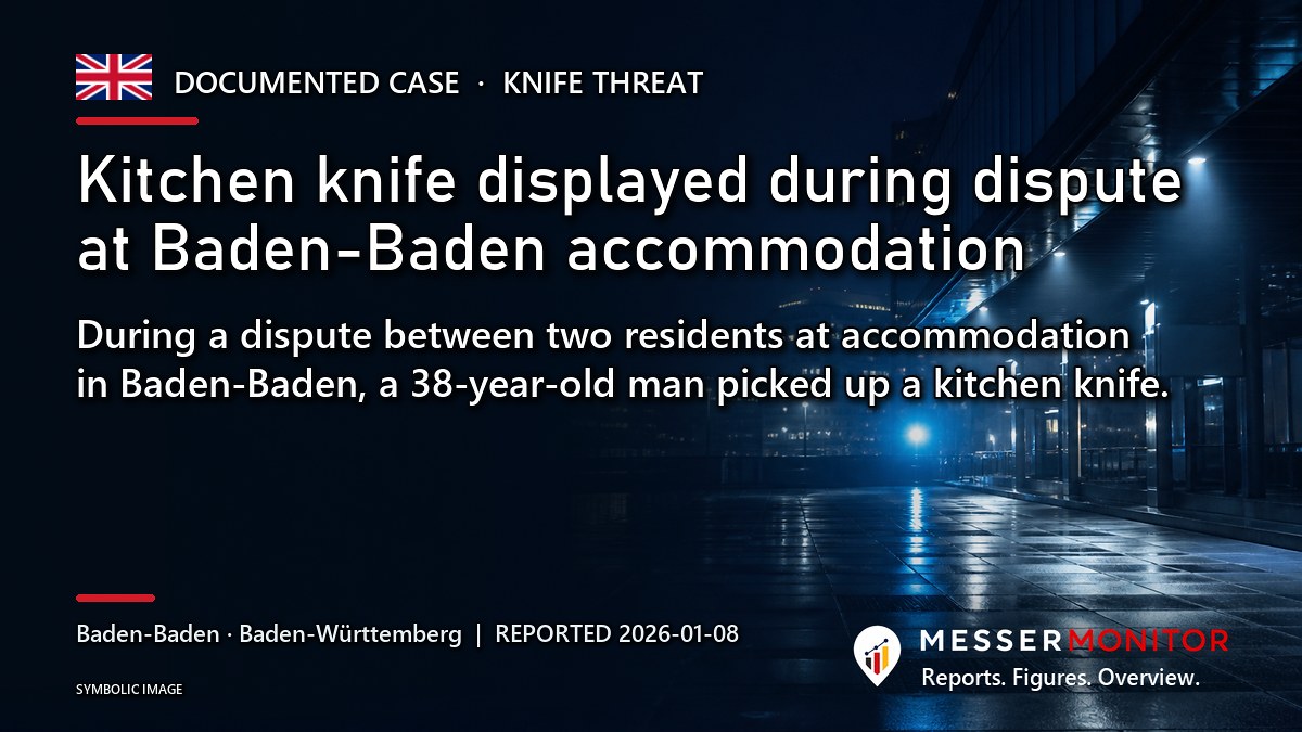 Title image: Kitchen knife displayed during dispute at Baden-Baden accommodation. During a dispute between two residents at accommodation in Baden-Baden, a 38-year-old man picked up a kitchen knife..