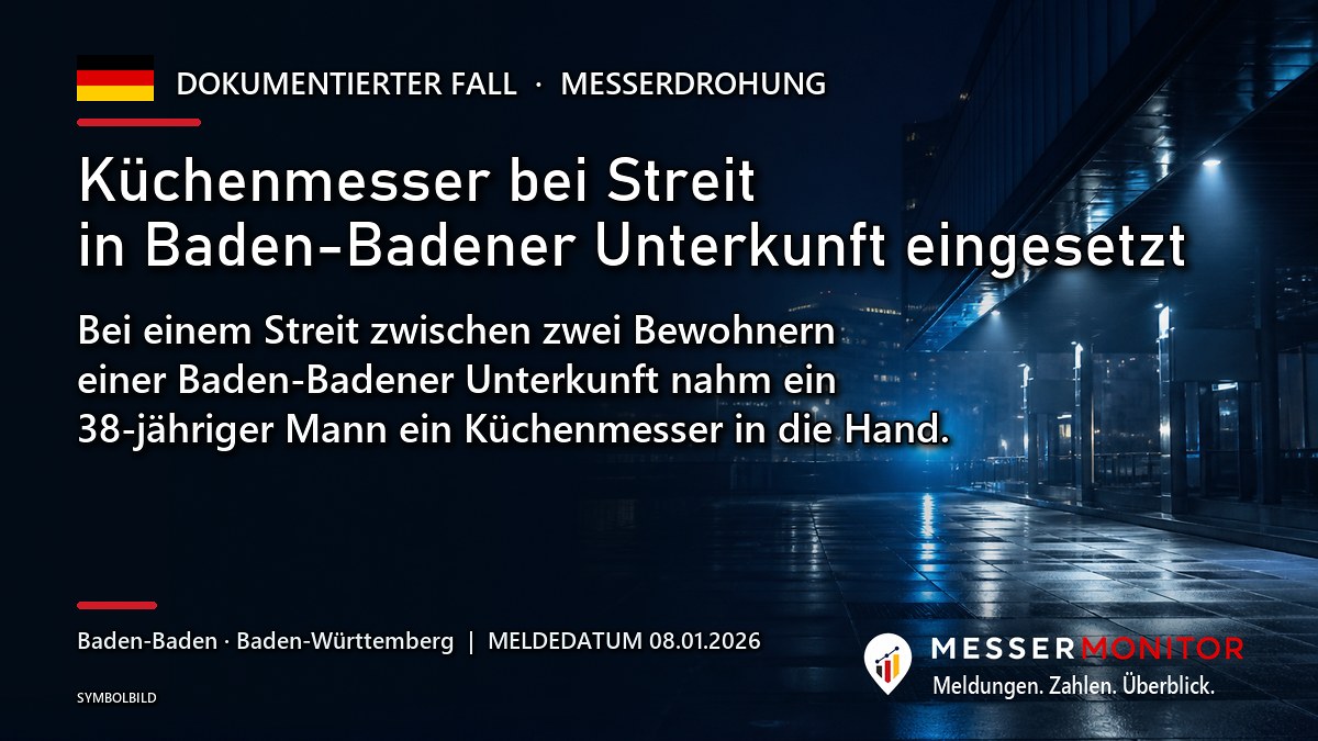 Titelgrafik: Küchenmesser bei Streit in Baden-Badener Unterkunft eingesetzt. Bei einem Streit zwischen zwei Bewohnern einer Baden-Badener Unterkunft nahm ein 38-jähriger Mann ein Küchenmesser in die Hand..