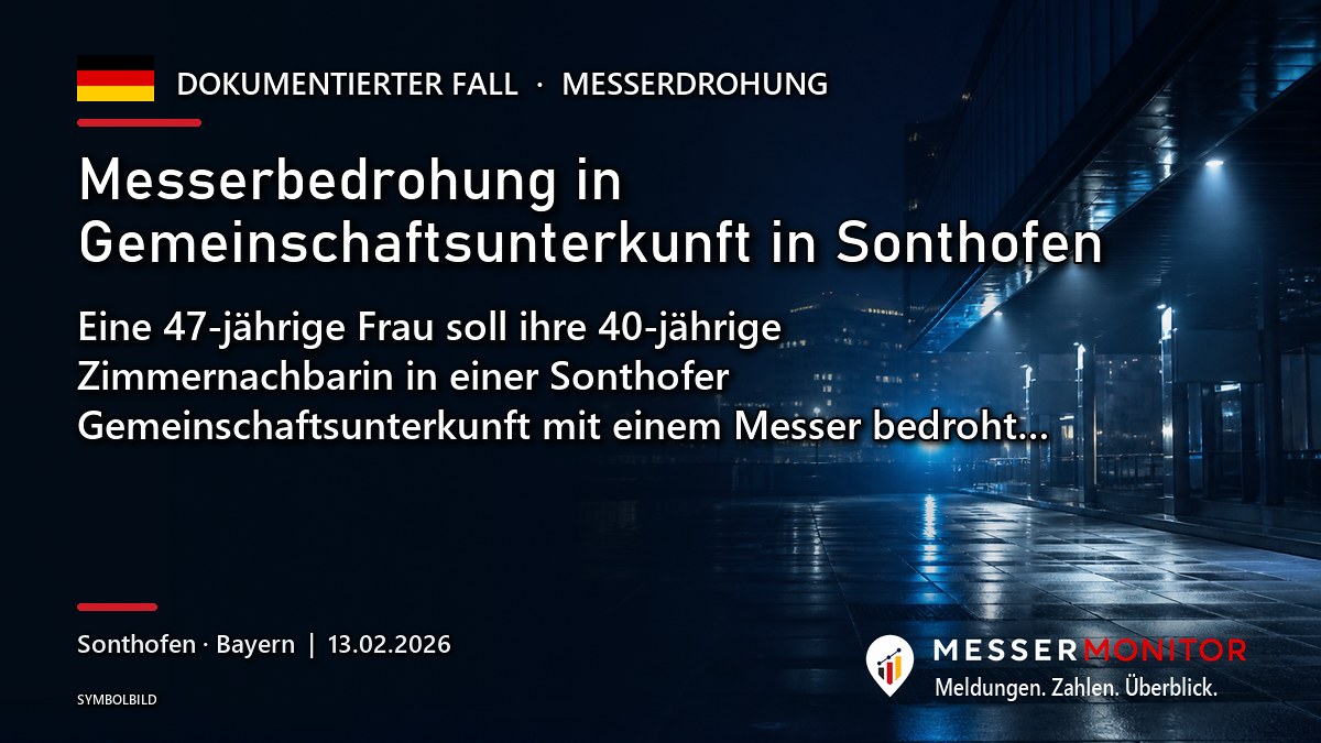 Titelgrafik: Messerbedrohung in Gemeinschaftsunterkunft in Sonthofen. Eine 47-jährige Frau soll ihre 40-jährige Zimmernachbarin in einer Sonthofer Gemeinschaftsunterkunft mit einem Messer bedroht….