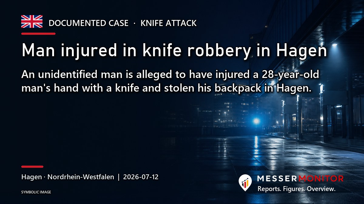 Title image: Man injured in knife robbery in Hagen. An unidentified man is alleged to have injured a 28-year-old man's hand with a knife and stolen his backpack in Hagen..