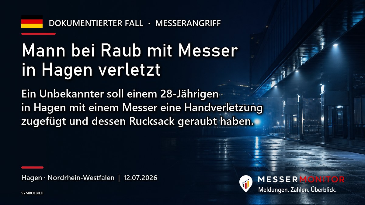Titelgrafik: Mann bei Raub mit Messer in Hagen verletzt. Ein Unbekannter soll einem 28-Jährigen in Hagen mit einem Messer eine Handverletzung zugefügt und dessen Rucksack geraubt haben..