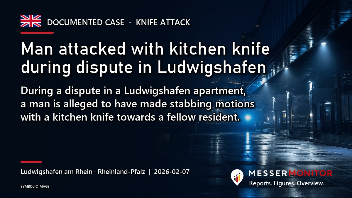 Title image: Man attacked with kitchen knife during dispute in Ludwigshafen. During a dispute in a Ludwigshafen apartment, a man is alleged to have made stabbing motions with a kitchen knife towards a fellow resident..