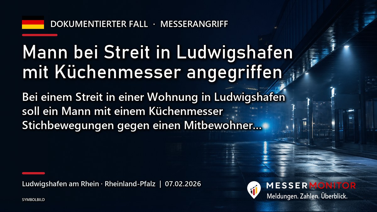 Titelgrafik: Mann bei Streit in Ludwigshafen mit Küchenmesser angegriffen. Bei einem Streit in einer Wohnung in Ludwigshafen soll ein Mann mit einem Küchenmesser Stichbewegungen gegen einen Mitbewohner….