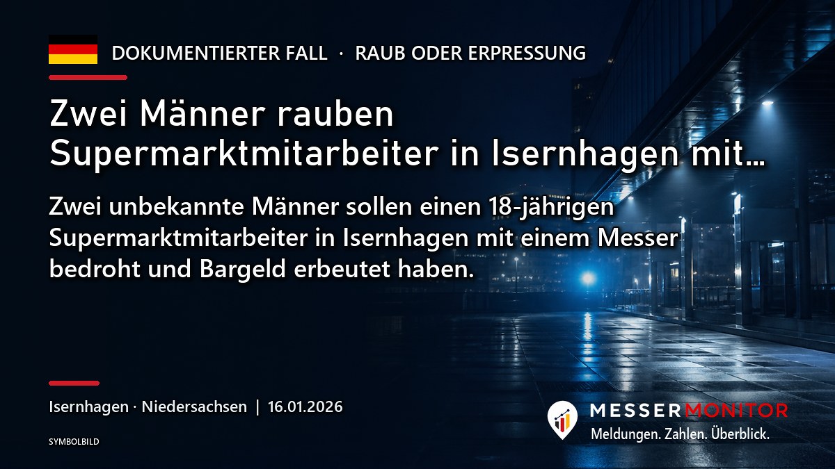 Titelgrafik: Zwei Männer rauben Supermarktmitarbeiter in Isernhagen mit…. Zwei unbekannte Männer sollen einen 18-jährigen Supermarktmitarbeiter in Isernhagen mit einem Messer bedroht und Bargeld erbeutet haben..