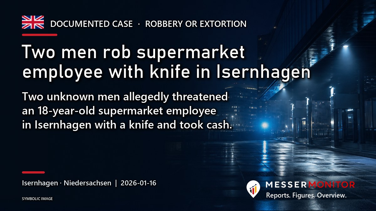 Title image: Two men rob supermarket employee with knife in Isernhagen. Two unknown men allegedly threatened an 18-year-old supermarket employee in Isernhagen with a knife and took cash..
