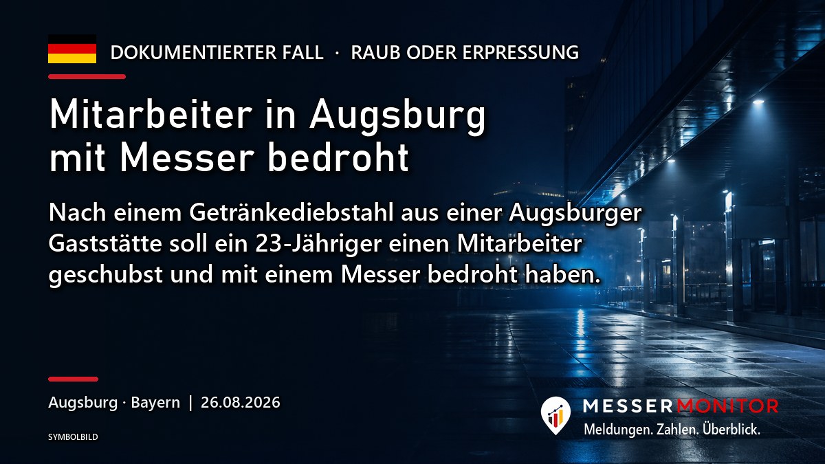 Titelgrafik: Mitarbeiter in Augsburg mit Messer bedroht. Nach einem Getränkediebstahl aus einer Augsburger Gaststätte soll ein 23-Jähriger einen Mitarbeiter geschubst und mit einem Messer bedroht haben..