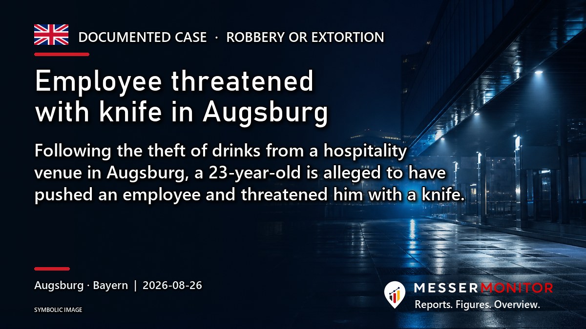 Title image: Employee threatened with knife in Augsburg. Following the theft of drinks from a hospitality venue in Augsburg, a 23-year-old is alleged to have pushed an employee and threatened him with a knife..
