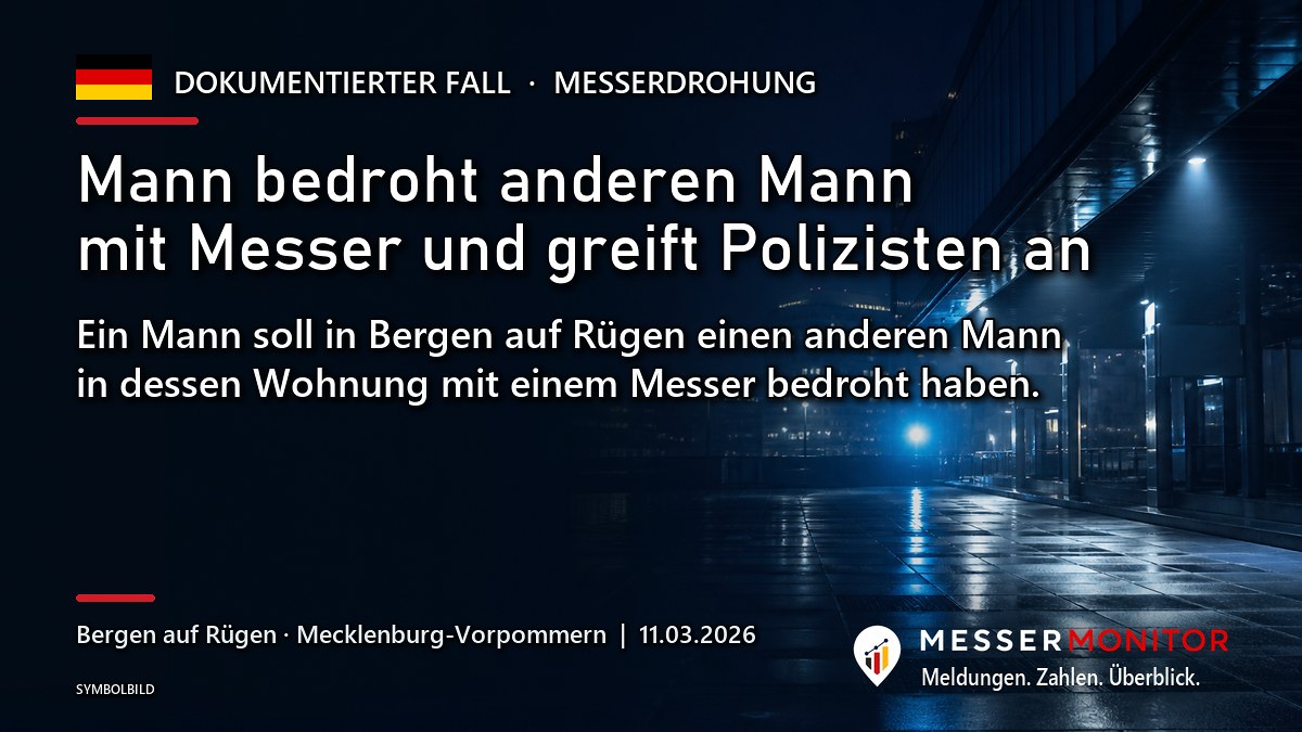 Titelgrafik: Mann bedroht anderen Mann mit Messer und greift Polizisten an. Ein Mann soll in Bergen auf Rügen einen anderen Mann in dessen Wohnung mit einem Messer bedroht haben..
