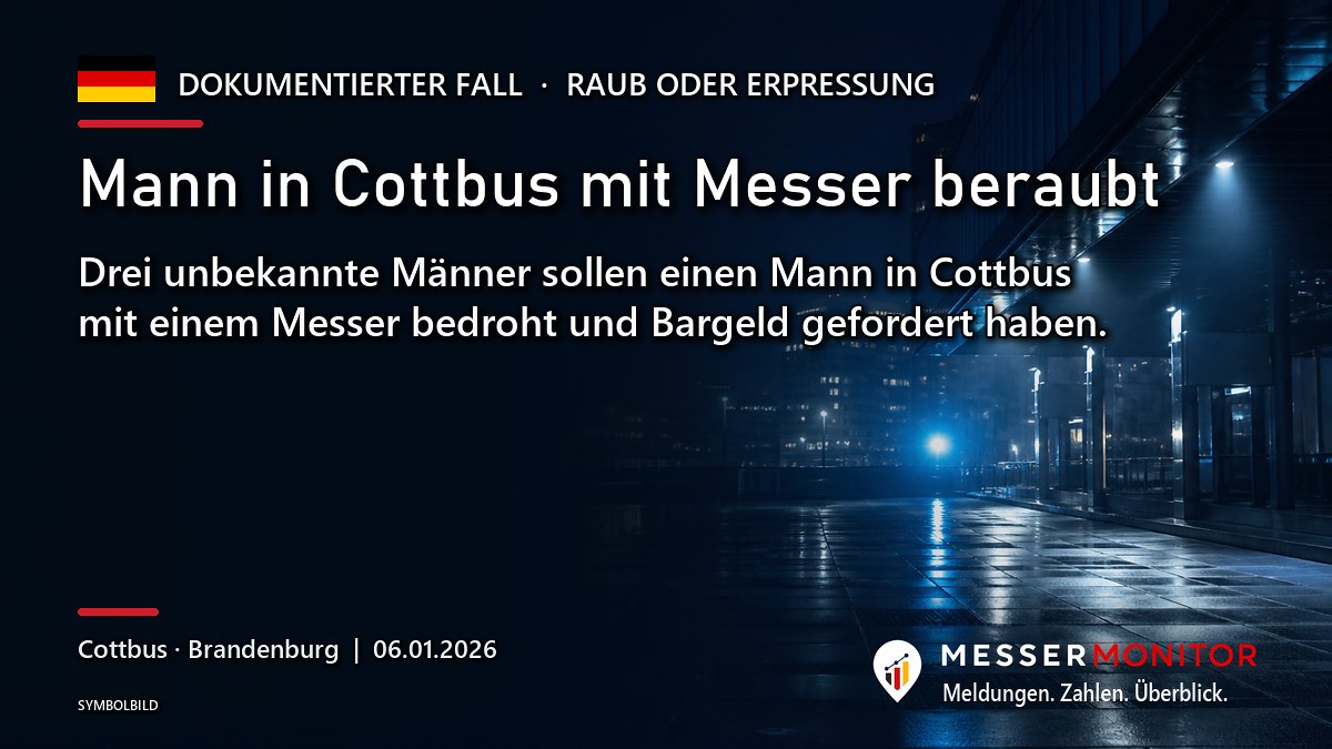 Titelgrafik: Mann in Cottbus mit Messer beraubt. Drei unbekannte Männer sollen einen Mann in Cottbus mit einem Messer bedroht und Bargeld gefordert haben..