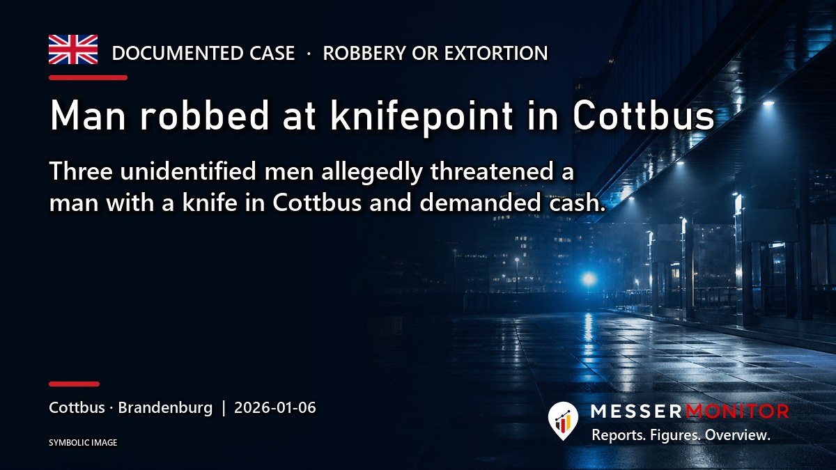 Title image: Man robbed at knifepoint in Cottbus. Three unidentified men allegedly threatened a man with a knife in Cottbus and demanded cash..