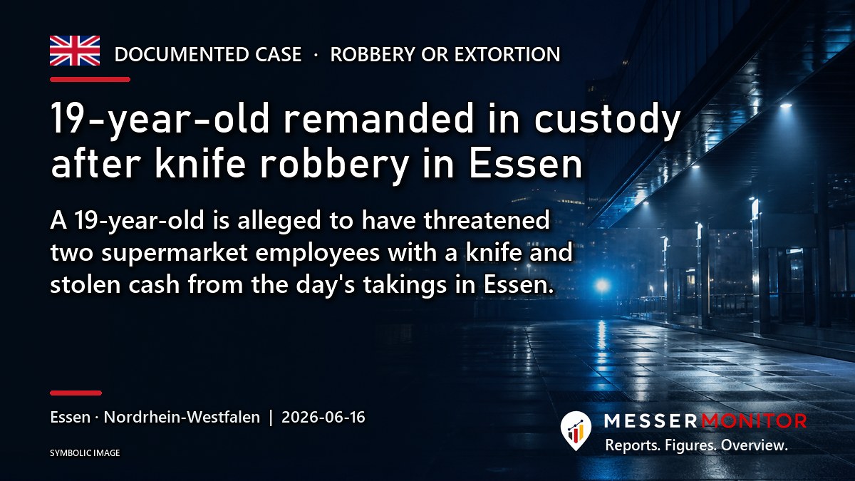 Title image: 19-year-old remanded in custody after knife robbery in Essen. A 19-year-old is alleged to have threatened two supermarket employees with a knife and stolen cash from the day's takings in Essen..