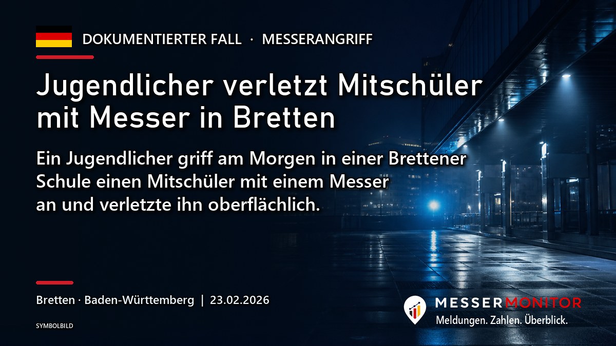 Titelgrafik: Jugendlicher verletzt Mitschüler mit Messer in Bretten. Ein Jugendlicher griff am Morgen in einer Brettener Schule einen Mitschüler mit einem Messer an und verletzte ihn oberflächlich..