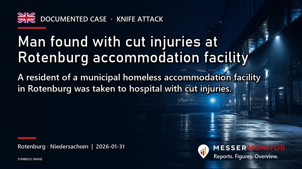 Title image: Man found with cut injuries at Rotenburg accommodation facility. A resident of a municipal homeless accommodation facility in Rotenburg was taken to hospital with cut injuries..