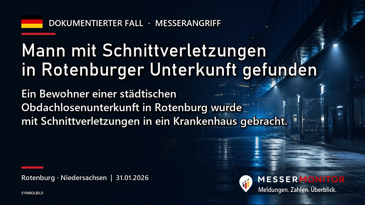 Titelgrafik: Mann mit Schnittverletzungen in Rotenburger Unterkunft gefunden. Ein Bewohner einer städtischen Obdachlosenunterkunft in Rotenburg wurde mit Schnittverletzungen in ein Krankenhaus gebracht..