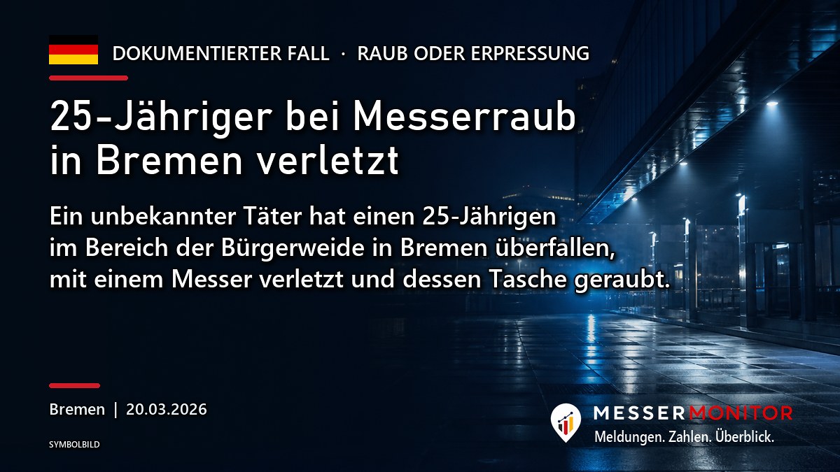 Titelgrafik: 25-Jähriger bei Messerraub in Bremen verletzt. Ein unbekannter Täter hat einen 25-Jährigen im Bereich der Bürgerweide in Bremen überfallen, mit einem Messer verletzt und dessen Tasche geraubt..