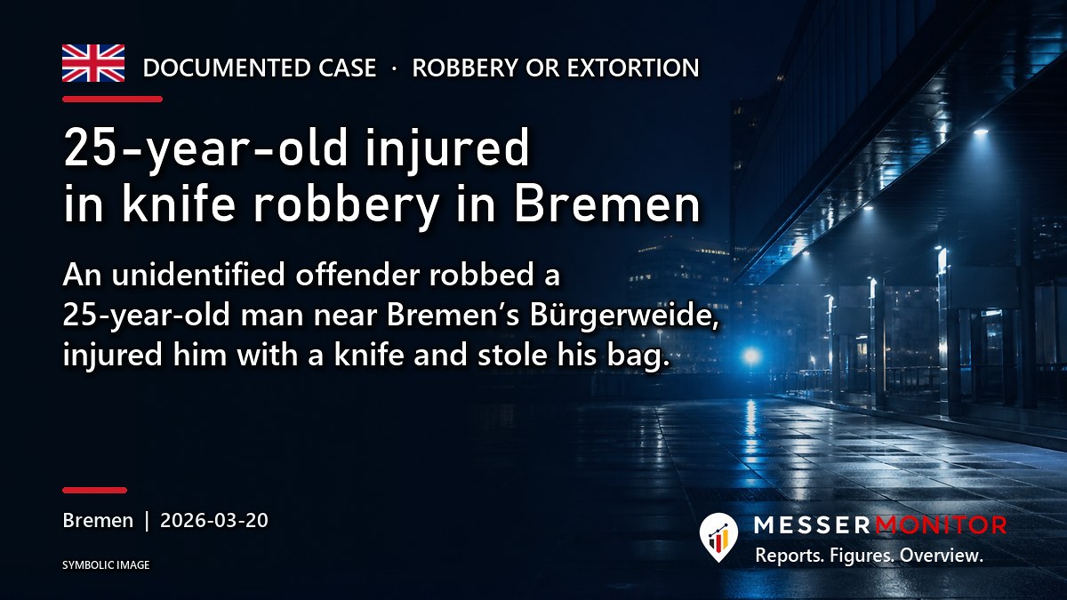 Title image: 25-year-old injured in knife robbery in Bremen. An unidentified offender robbed a 25-year-old man near Bremen’s Bürgerweide, injured him with a knife and stole his bag..