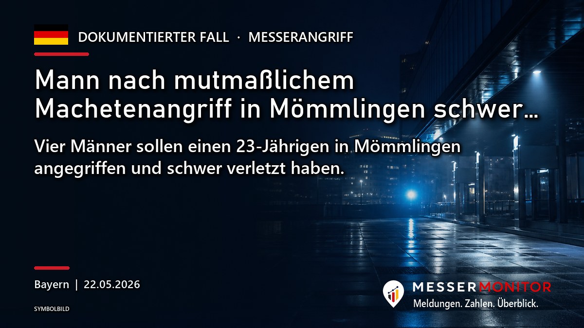Titelgrafik: Mann nach mutmaßlichem Machetenangriff in Mömmlingen schwer…. Vier Männer sollen einen 23-Jährigen in Mömmlingen angegriffen und schwer verletzt haben..